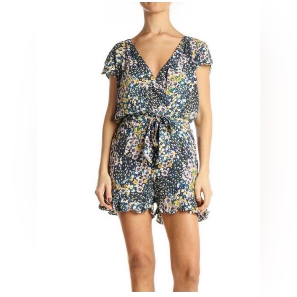 Loft Floral V-Neck Tie-Waist Romper in Navy